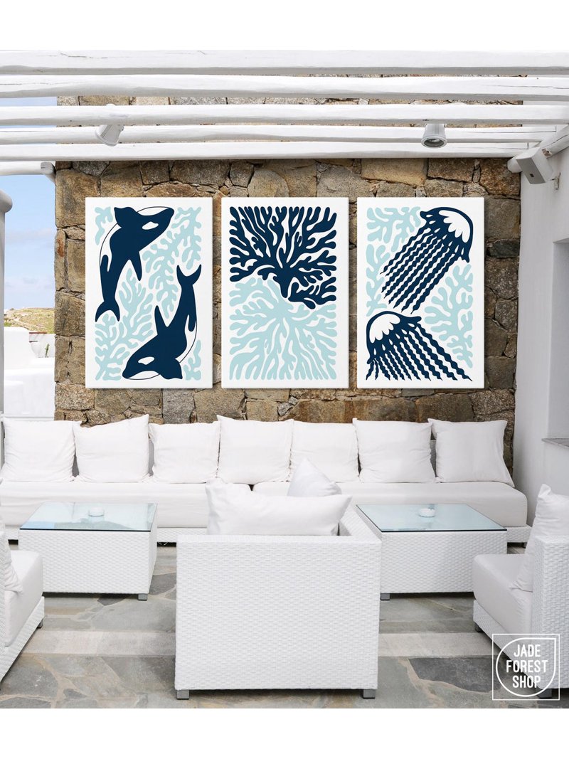 Trypyich Ocean Block Triptych Prints, Whales Jellyfish Coral And Navy Blue ...