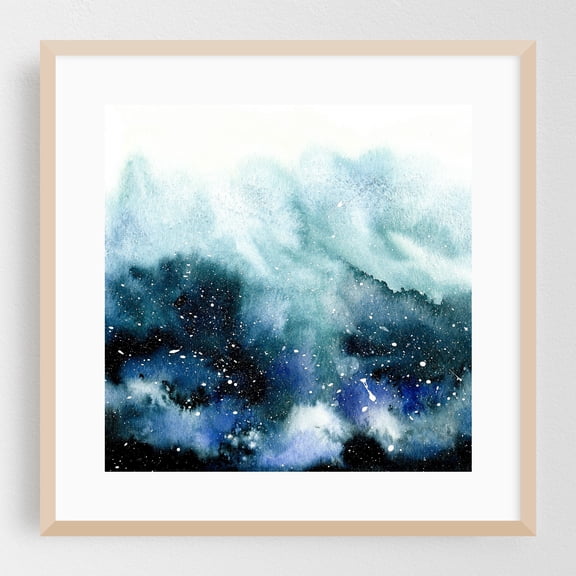 Ocean Bloom - Painting Abstract Watercolor Modern Art Space Cosmic Ocean Night Sky Oak Framed Wall Art Print 8 x 8 inches