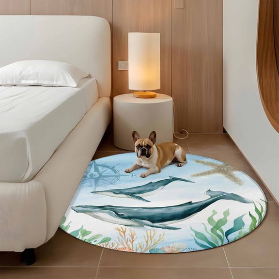 Ocean Blue 3ft Round Rug for Bathroom Accent Bedside Corner, Whale Starfish Compass Seagrass Coral Coastal Washable Non Slip Circle Area Rug for Small Spaces