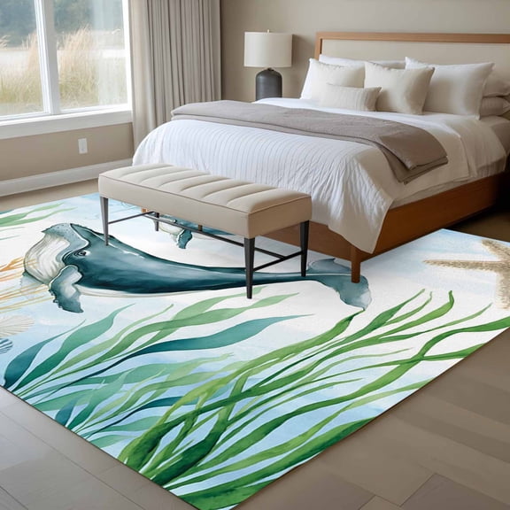 Ocean Blue 6x9 Rug for Dining Room Table and Chair Setup, Whale Starfish Compass Seagrass Coral Coastal Low Pile Washable Non Slip Rectangle Area Rug