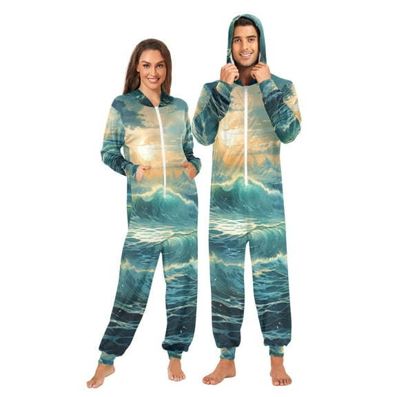 Ocean Blue Adult Onesie Pajamas Slim Fit Christmas One Piece Suit Pjs for Women and Men Hooded Zipper