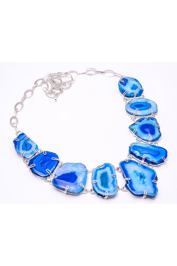 Ocean Blue Agate Drusy -Botswana 925 Silver Plated Necklace Adjustable 21-23", Blue Botswana Agate Necklace N_9478_401_8