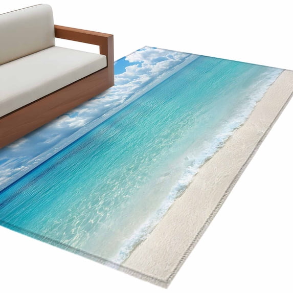 Ocean Blue Area Rug 3x5 FT, Non Slip Entryway Bedside Carpet, Beach Nature Coast Sea Shore Sky Seawater Washable Soft Floor Carpet Indoor Mat Non-Shedding Throw Rug for Dorm Kitchen Home Office
