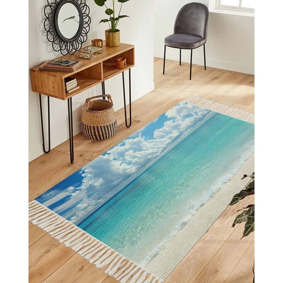 Ocean Blue Area Rug 3x5ft Woven Runner Rug,Beach Nature Coast Sea Shore Sky Seawater Washable Living Room Hallway Bedroom Kitchen Carpet with Tassels,Indoor Outdoor Throw Door Mat for Entryway