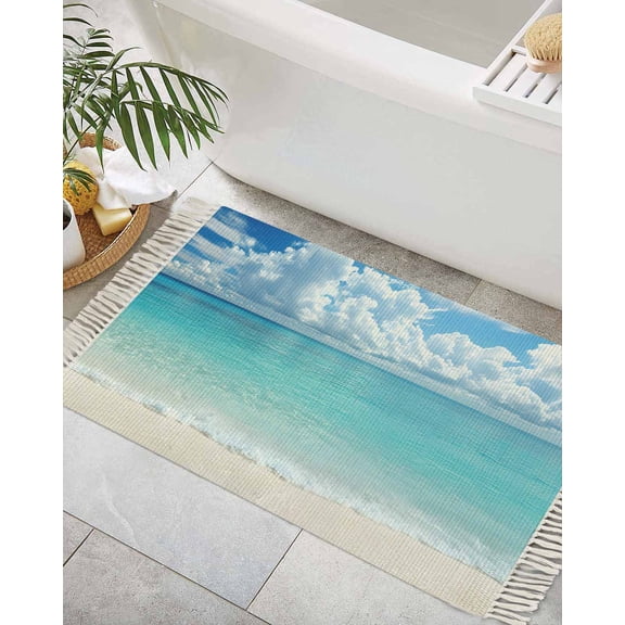 Ocean Blue Bath Rug 2x3ft Woven Bathroom Entryway Runner Rug,Beach Nature Coast Sea Shore Sky Seawater Washable Living Room Hallway Bedroom Kitchen Carpet with Tassels,Indoor Outdoor Throw Doormat