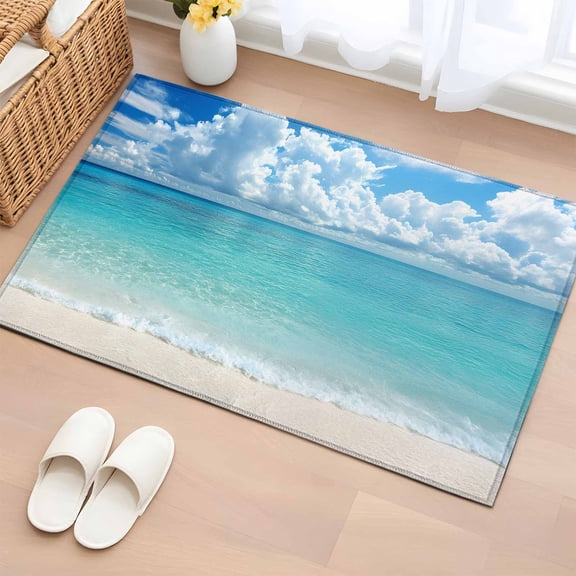 Ocean Blue Bathroom Rug Washable 2x3 Entryway Rug Non Slip Beach Nature Coast Sea Shore Sky Seawater Front Door Mat Low Pile Indoor Doormat Throw Floor Carpet for Kitchen Bedroom Entrance