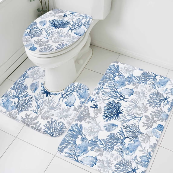 Ocean Blue Bathroom Rugs Set Grey Coral Shell Watercolor Marine Life Coastal Non Slip Absorbent Soft Bath Mats 3 Piece Set with Bathroom Rug, U-Shaped Floor Mat, Toilet Seat Cover Large Size
