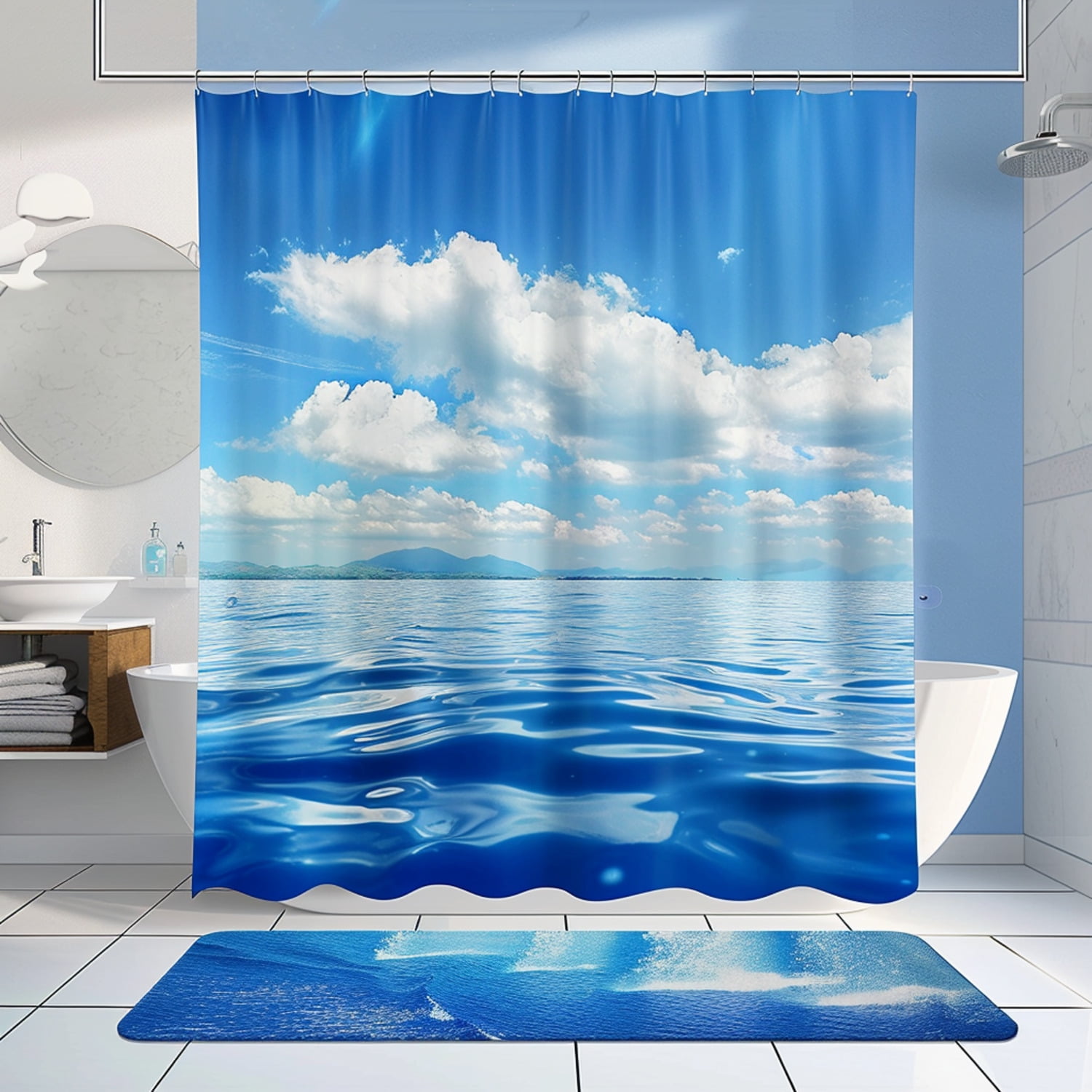 Ocean Blue Bathroom Set 3D Render Shower Curtain Sea Theme Decor Cloud