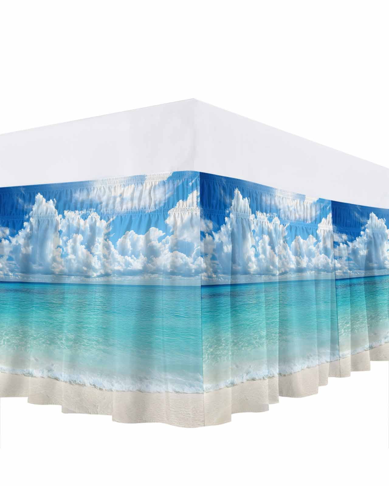 Ocean Blue Bed Skirt Queen Size, Beach Nature Coast Sea Shore Sky Seawater Wrap Around Bed Skirting with Adjustable Elastic Strap, Dust Ruffle Pleated Bedskirts 16 Inch Drop for Bedroom Queen Beds