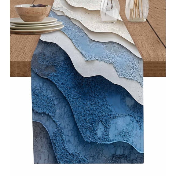 Ocean Blue Beige Table Runner-Cotton Linen- 90 Inch Holiday Dresser Scarves, Abstract Ombre Beach Sand Waves Geometric Tablerunner for Kitchen Coffee/Dining Living Room Dinner Scarf Décor 13x90