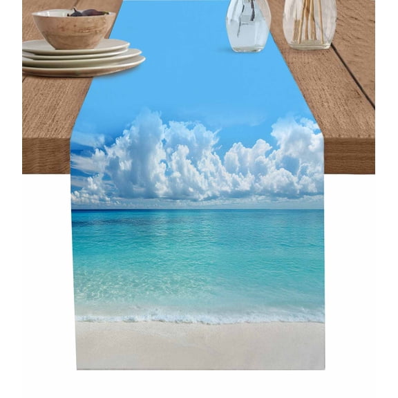 Ocean Blue Burlap Cotton Table Runner 13x36 Inches Short, Beach Nature Coast Sea Shore Sky Seawater Farmhouse Table Runners, Outdoor Dining Tablecloths Decor for Baby Shower/Party/Wedding