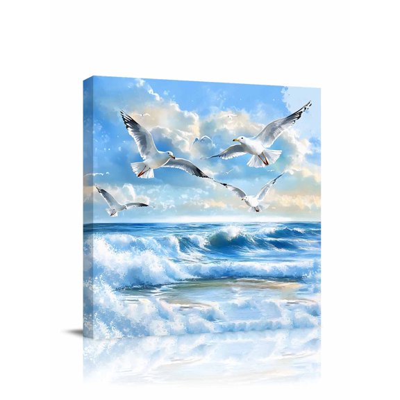 Ocean Blue Canvas Wall Art, Sky Bird Seagull Sea Wave Nature Scenery Framed Wall Decor Modern Artwork Prints Painting for Living Room, Bedroom, Kitchen & Cafe Decor 8x8 Inch