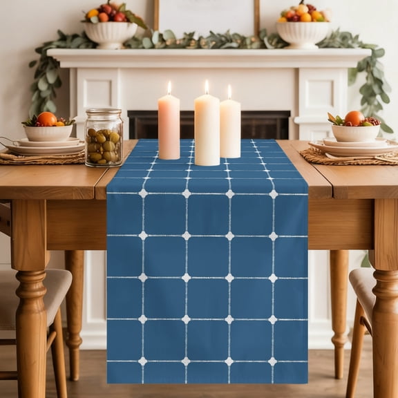 Ocean Blue Checkered Table Runner, Modern Minimalist Geometric Grid Lines Plaid Washable Cotton-linen Table Runners Dining Kitchen Decoration for Everyday Home Wedding Party Decor, 13 x 36 Inch
