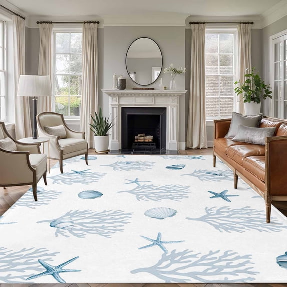 Ocean Blue Coral Area Rugs 5'x8', Washable Small Throw Rugs for Classroom Bedroom, Summer Coastal Starfish Conch Nautical Indoor Outdoor Rug Non-Slip Low Pile Carpet Runner Reversible Floor Mats
