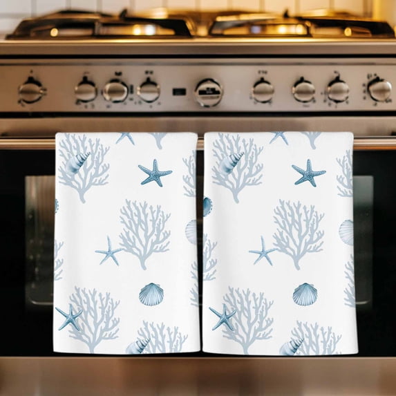 Ocean Blue Coral Kitchen Towels Set of 1, Summer Coastal Starfish Conch Nautical Absorbent Dish Towels for Kitchen, Microfiber Hand Towel, Quick Drying Tea Towel for Cleaning Decorative Dishcloths