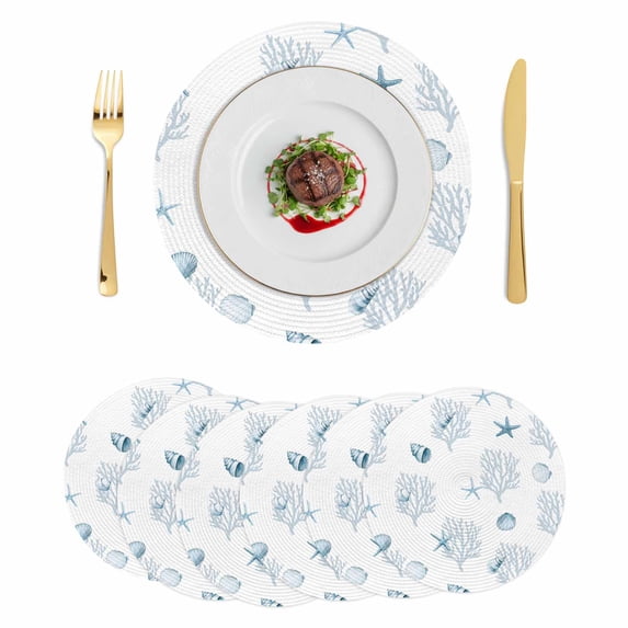 Ocean Blue Coral Round 13 Inch Placemats Set of 6, Summer Coastal Starfish Conch Nautical HeatResistant Non Slip Place Mats for Dining Table, Wipeable Braided Kitchen Table Mats for Housewarming