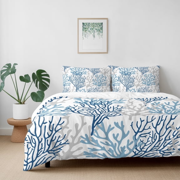 Ocean Blue Coral Seamless California King Size Bed Set,Nautical Coastal Marine Theme Bedding for All Seasons,4 Pcs Bed Set with 1 Quiltcover (96"x104"),1 Sheet (110"x98"),2 Pillowcases (20"x36")