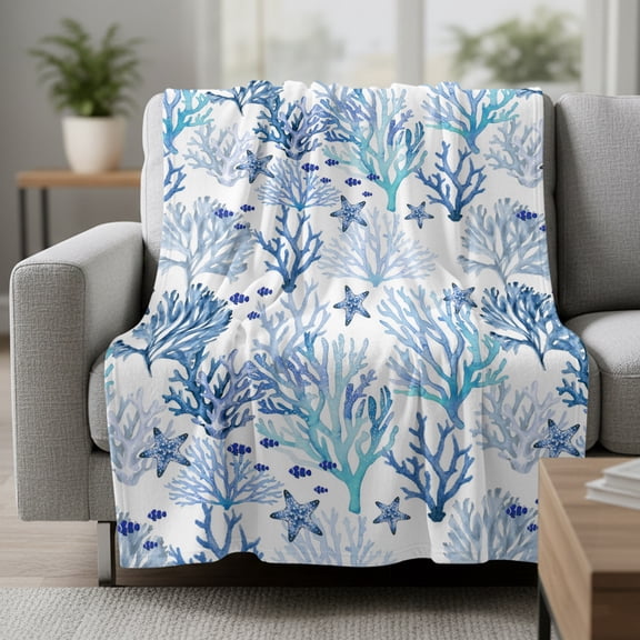 Ocean Blue Corals Fleece Throw Blanket Summer Nautical Watercolor Sea Starfish Fish Ultra Soft Fuzzy Cozy Flannel Throw Blanket for Couch Sofa Bed Car Travel, Ideal Gifts 30x40 Inches