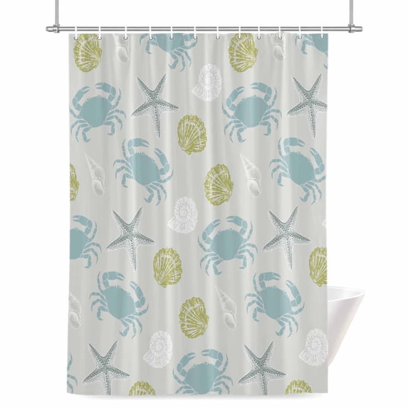 Ocean Blue Crabs Shower Curtain, Vintage Nautical Sea Yellow Seashell Starfish Waterproof Shower Curtain Set with 12 Hooks Lightweight Bath Curtains Fabric Bathroom Decor 48x72 Inches