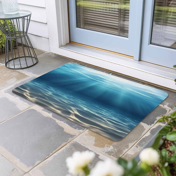 Ocean Blue Door Mat Indoor Outdoor, Underwater Sun Light Coastal Sea Scenery Non Slip Welcome Mat with Rubber Backing, Absorbent Fabric Front Door Mats Entryway Rug for Home Patio Entrance 24"x36"