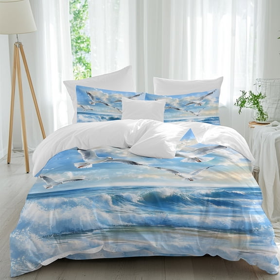 Ocean Blue Duvet Cover Set Twin Size, Sky Bird Seagull Sea Wave Nature Scenery 4 Piece Soft Microfiber Bedding Set with 1 Duvet Cover, 1 Flat Sheet, 2 Pillowcases
