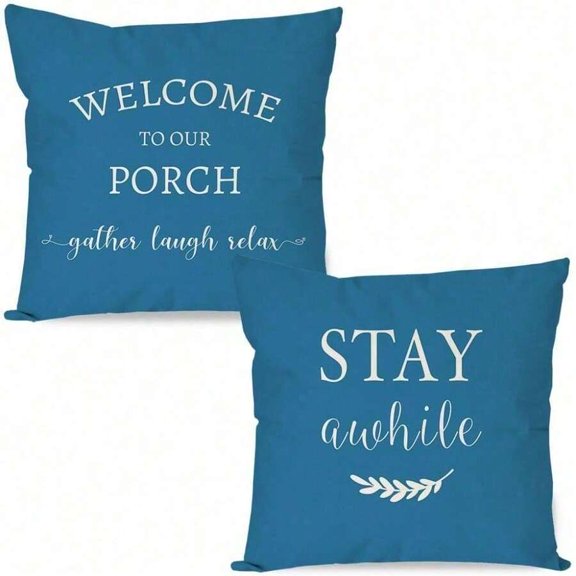 Ocean Blue Farmhouse Throw Pillow Covers Set of 2 - Welcome To Our Porch Stay Awhile Outdoor Decor