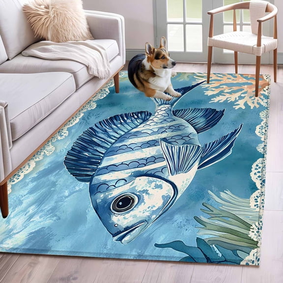 Ocean Blue Fish Area Rug 4x6 Washable Rug Non Slip Summer Coastal Coral Seaweed Large Area Rug Indoor Floor Carpet for Entryway Bedroom Kitchen Living Room Home Office Dining Room Nursery