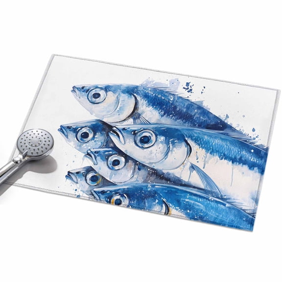 Ocean Blue Fish Area Rugs 2x3ft Retro Nautical Sea Watercolor Blue Fish Floor Rug Non Slip Low Pile Ultra Soft Throw Carpet for Entryway Indoor Entrance Kitchen Bathroom