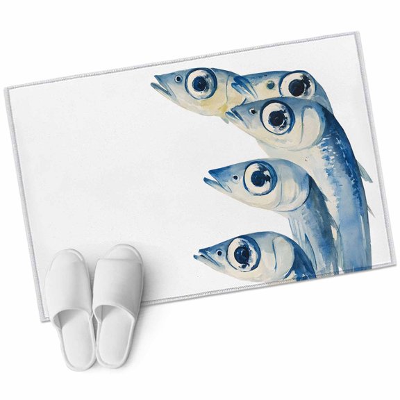 Ocean Blue Fish Area&nbsp;Rug 2x3ft Welcome Nautical Sea Watercolor Fish Big Eyes Non-Slip&nbsp;Washable Square&nbsp;Rugs Soft Felt Indoor Floor Mat for Bedroom Kitchen Living Room Bathroom