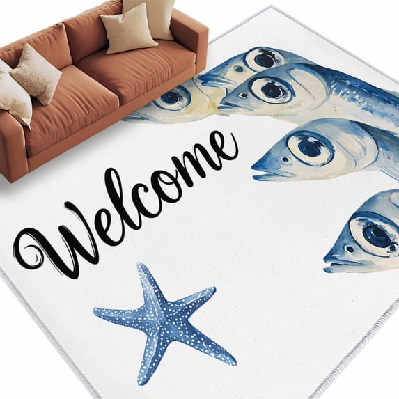 Ocean Blue Fish Area&nbsp;Rug 5x8ft Welcome Nautical Sea Watercolor Fish Starfish Non-Slip&nbsp;Washable Square&nbsp;Rugs Soft Felt Indoor Floor Mat for Bedroom Kitchen Living Room Bathroom