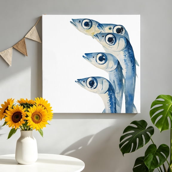 Ocean Blue Fish Canvas Wall Art for Living Room, Welcome Nautical Sea Watercolor Fish Big Eyes Wall Decor Framed Artwork Pictures Ready to Hang for Bedroom Office Home Decor 10x10 Inch