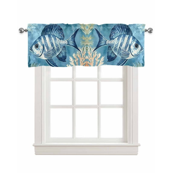 Ocean Blue Fish Kitchen Valances for Windows Farmhouse Linen Window Valance Curtain for Living Room Window Treatment Summer Coastal Coral Seaweed Valance Rod Pocket Topper Drape, 42 x 12 Inch