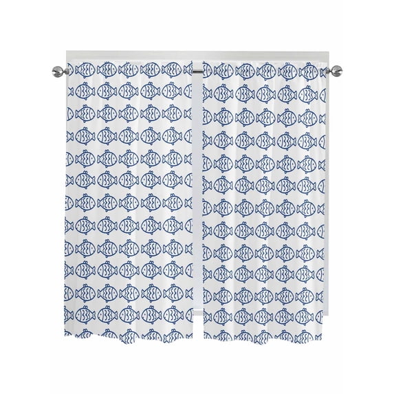 Ocean Blue Fish Living Room Curtains 2 Panel, Summer Fishing Coastal Nautical Simple Cafe Window Treatment, Extra Long Farmhouse Bedroom Bathroom Kitchen Curtains Drapes 104"x72"