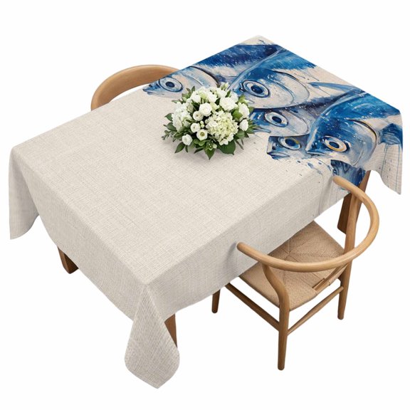 Ocean Blue Fish Rectangle Tablecloth Retro Nautical Sea Watercolor Fish Linen Waterproof Wrinkle Free Soft Table Cloth Spill-Proof Washable Table Cover for Dining Party Picnic 60 x 120 Inch