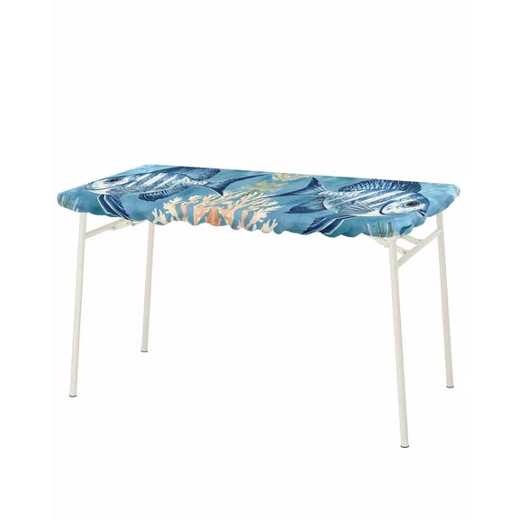 Ocean Blue Fish Rectangle Tablecloth, Waterproof Elastic Fitted Table Covers for 8 Foot Tables, 32x96inch Decorative Tablecloths for Picnic, Camping, Indoor, Outdoor, Summer Coastal Coral Seaweed