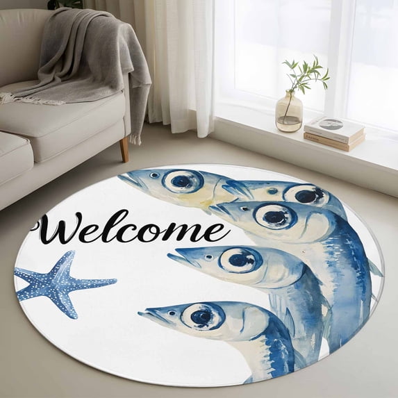 Ocean Blue Fish Round Living Room Rugs 4 ft, Welcome Nautical Sea Watercolor Fish Starfish Washable Area Rug with Non-Slip Sturdy Edge Binding Round Carpet for Entryway Kitchen Bedroom Bathroom