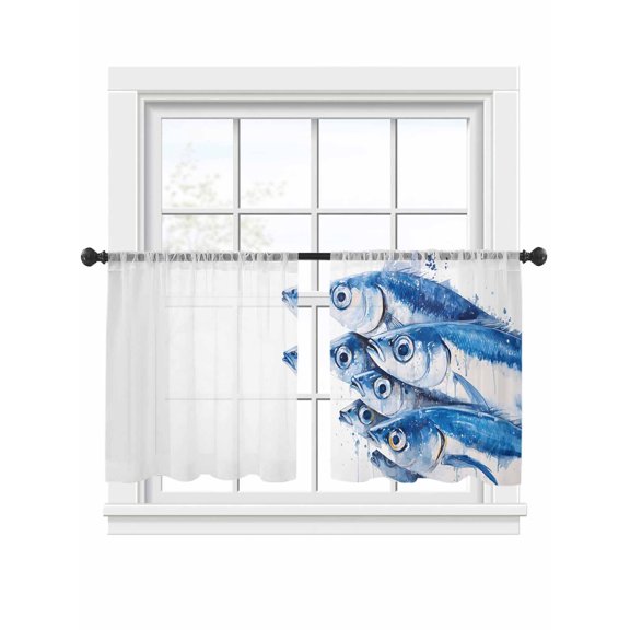 Ocean Blue Fish Sheer Curtains 45 Inch Long 2 Panels, Retro Nautical Sea Watercolor Blue Fish Light Filtering Rod Pocket Curtains, Sheer Voile Drapes for Living Room Bedroom, 52"x45"