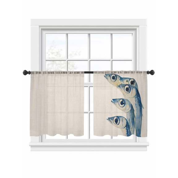 Ocean Blue Fish Sheer Curtains 45 Inch Long 2 Panels, Welcome Nautical Sea Watercolor Fish Big Eyes Linen Light Filtering Rod Pocket Curtains, Sheer Voile Drapes for Living Room Bedroom, 52"x45"