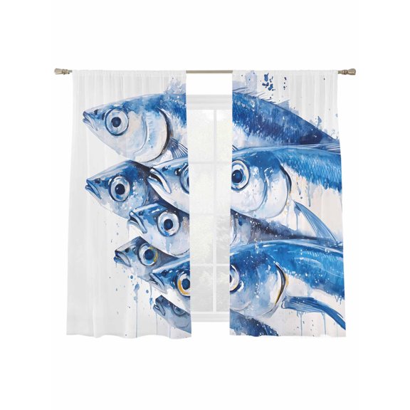 Ocean Blue Fish Sheer Curtains 72 Inch Long 2 Panels, Retro Nautical Sea Watercolor Blue Fish Light Filtering Rod Pocket Curtains, Sheer Voile Drapes for Living Room Bedroom, 52"x72"