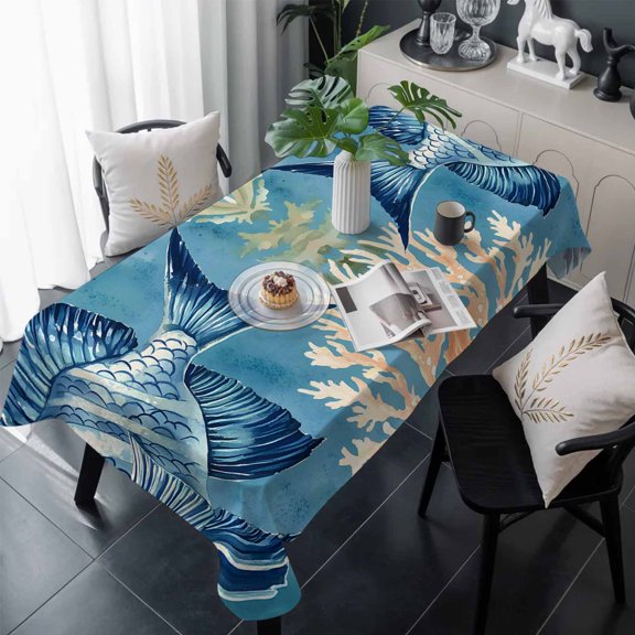 Ocean Blue Fish Table Cloth Waterproof Tablecloths, Summer Coastal Coral Seaweed Tablecloth Dining Table Cover for Kitchen Party Tabletop Outdoor, Rectangle Tablecloth 60x120 Inch