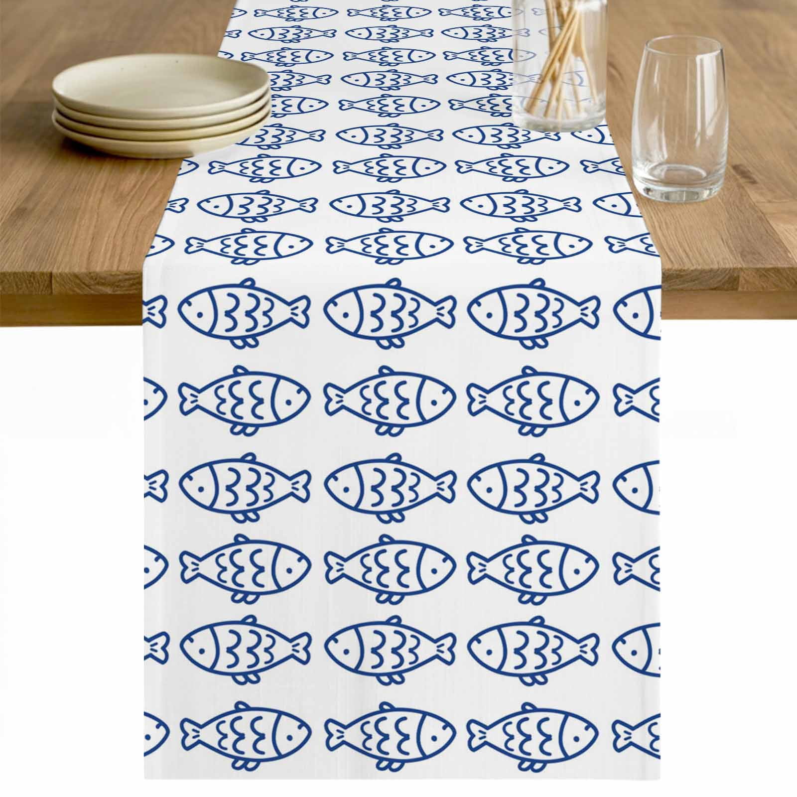 Ocean Blue Fish Table Runner - 108 Inch Long Summer Fishing Coastal ...