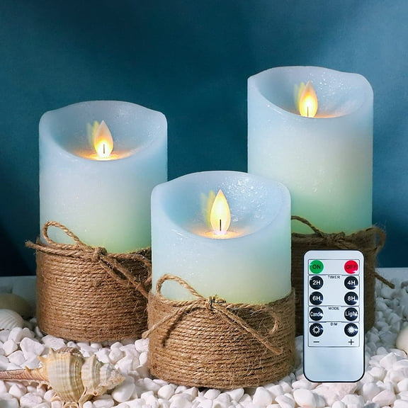 Ocean Blue Flameless Candles, Nautical Themed Led Pillar Candles with Remote & Timer, Decorative Flickering Candles for Gifts, Party, Wedding, Home Decorations - Set of 3