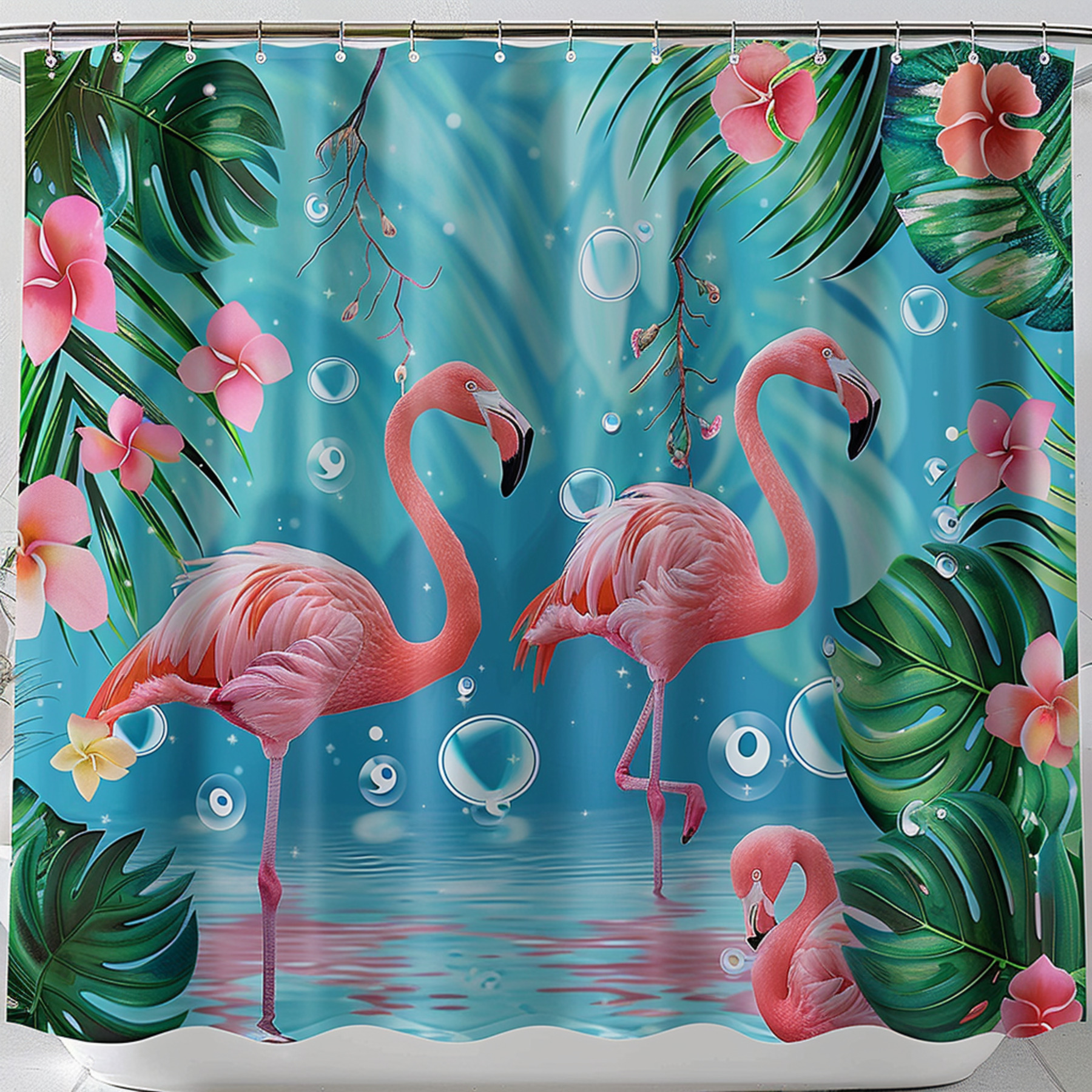 Ocean Blue Flamingo Paradise Shower Curtain Tropical Bird Print