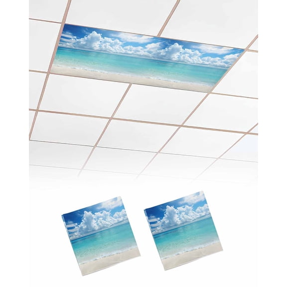 Ocean Blue Fluorescent Light Covers for Ceiling Lights 4x2 feet,2 Pack Magnetic Light Filters for Classroom,Beach Nature Coast Sea Shore Sky Seawater Fluorescent Light Shade Panel for Office School