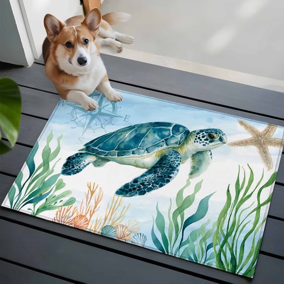 Ocean Blue Front Door Rugs 2x3 ft Turtle Starfish Compass Seagrass Coral Coastal Small Rug for Entryway Non Slip Washable Bathroom Door Mat Absorbent Floor Mat for Indoor Entrance