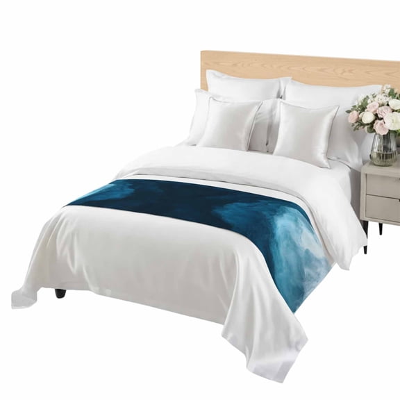 Ocean Blue Gradient Bed Runner Twin Size Wave Beach Coastal Soft Bed Scarf for Foot of Bed, Decorative Bedding Scarf Protection for Hotel Home Bedroom 71 x 20 Inch