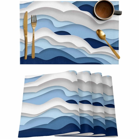 Ocean Blue Gradient Water Ripples Placemats Set of 4,Wipeable Washable Table Mats for Dining Tables,Coastal Nautical Theme Place Mats for Kitchen Event Party Tabletop Decor