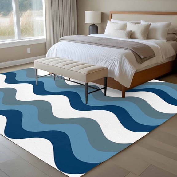 Ocean Blue Gray Waves 6x9 Rug for Dining Room Table and Chair Setup, Nautical Modern Abstract Blue Stripe Low Pile Washable Non Slip Rectangle Area Rug