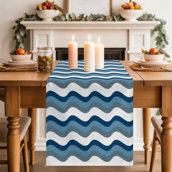 Ocean Blue Gray Waves Table Runner, Nautical Modern Abstract Blue Stripe Cotton Linen Kitchen Table Decoration Washable Dining Tabletop Runners for Home Party Decor 13x36 Inches