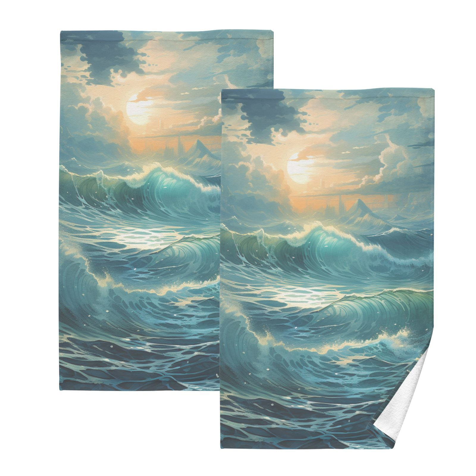 Ocean Blue Hand Towels Cotton Bath Towels Large Face Towels Absorbent for Bathroom 2 Packs